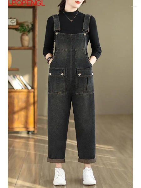 Jeans da donna Bretelle in denim effetto effetto lavato Salopette ampia versatile autunno e inverno streetwear oversize pantaloni interi tendenza