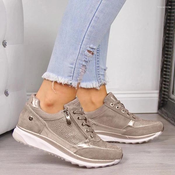 Scarpe Casual Donna Vulcanize Moda Cerniere di cristallo Piattaforma sneaker dorata Primavera Stringata Tennis di lusso Donna Estate 2024