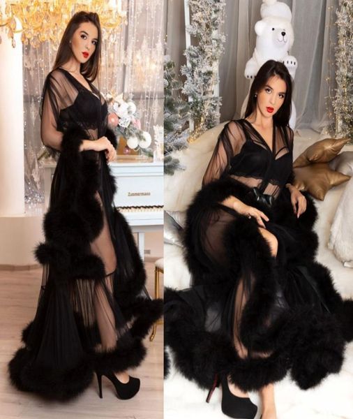 2021 Womens Black Womens Wraps Sexy Fux Furx Sleep abbigliamento Donne inverno Aokrobe Sheer Nightgown Lunghezza da pavimento da pavimento Shawel9857605