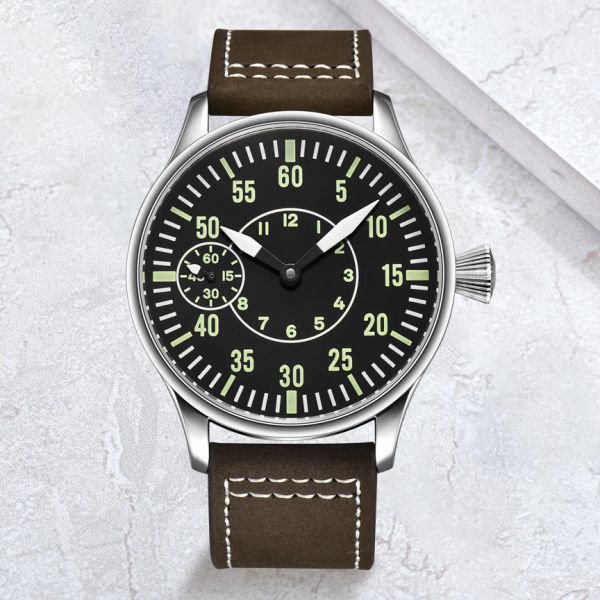 Spieler korgeut 44 mm Aviator Hand mechanische Retro Uhren Luminous Marke Seagull ST3600 Armbandwatch Ledergurt Pilotuhren