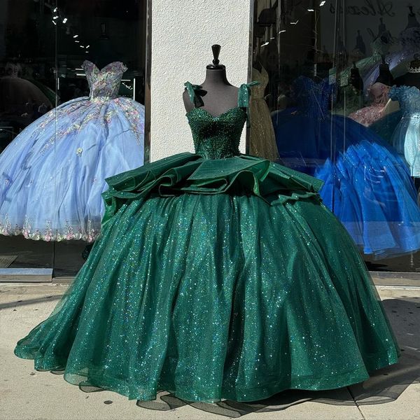 Luxuoso verde escuro frisado pérolas brilhante renda vestido de baile quinceanera vestidos querida cintas de espaguete beleza baile de formatura festa de aniversário pageant vestidos de aniversário