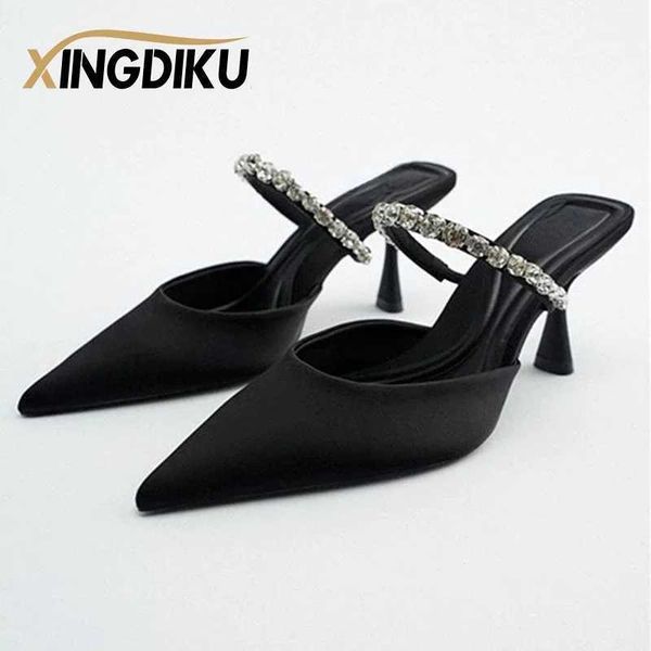 Hausschuhe High Heels Sommer 2022 Neue Scharfe Zehen Dünne High Heels Schwarz Sexy Damen Sandalen Wasser Diamant Pailletten Große größe Schiebe Schuhe Damen J240402