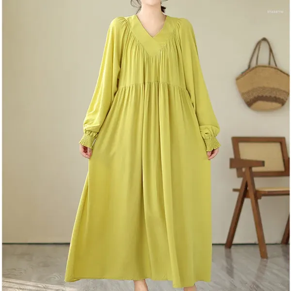 Casual Kleider 2024 Ankunft Korea Stil V-ausschnitt Falten Chic Mädchen Dame Lose Frühling Sommer Kleid Mode Frauen Lange Herbst