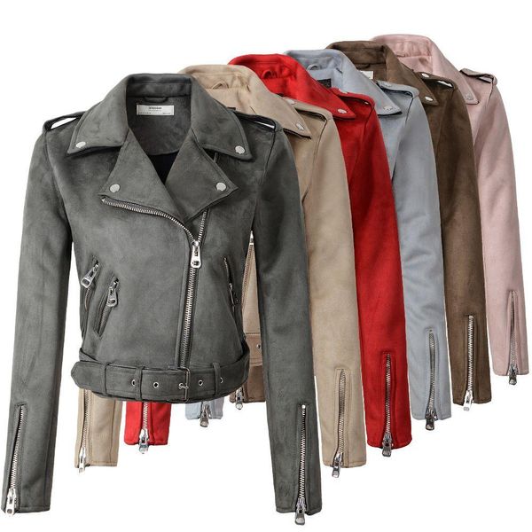 Mulheres Couro Faux Atacado- Nova Arrial Mulheres Outono Inverno Camurça Jaquetas Senhora Moda Matte Motocicleta Casaco Biker Cinza Rosa Bege D DHP74