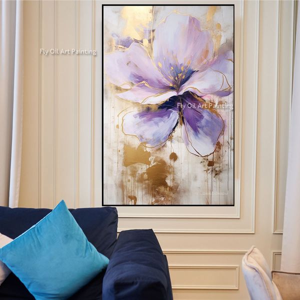 100% fatto a mano fiore viola strutturato moderna tela pittura pittura a olio astratta decorazione della parete soggiorno ufficio wall art come miglior regalo