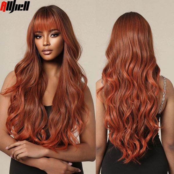 Perücken rotbraun Cosplay Haarsynthetische Perücke mit Pony Long Wavy Ombre Perücke für schwarze Frauen Halloween Lolita natürliche Perücken hitzebeständig