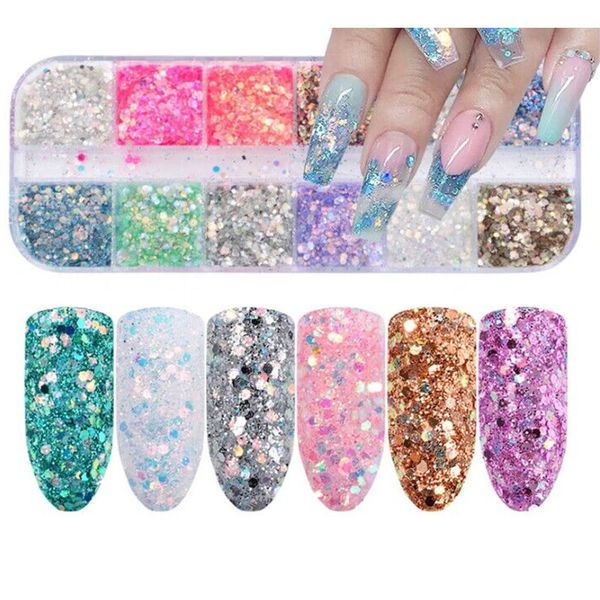 Paillettes glitter per unghie 12 colori scatola rettangolare indipendente pellicola polvere trucco di bellezza paillettes trucco per occhi glitter vestito da palcoscenico