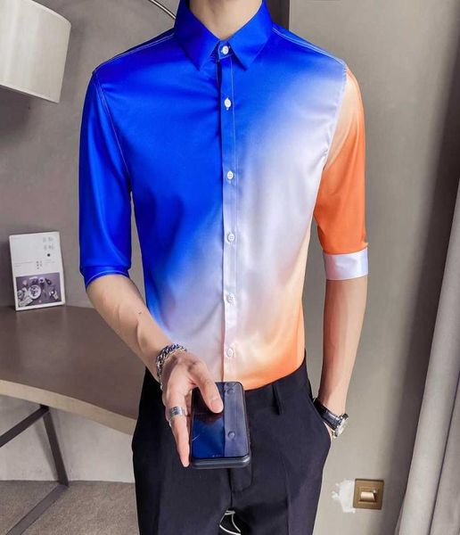 Verão meia manga camisas homens gradiente impresso magro ajuste camisa casual masculino negócios formal vestido camisas blusa de festa social 2105274893211