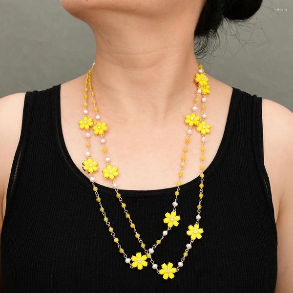 Anhänger Halsketten GG Schmuck 56'' Natürliche Gelbe Zitronenquarz Weiße Perle Jade Blume Kristall CZ Gepflasterte Pullover Kette Halskette für Dame