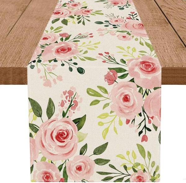 Tovaglia primaverile rosa fiori lino runner comò sciarpe corridori cucina casa sala da pranzo decorazione festa di nozze