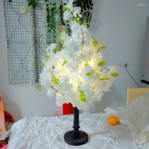 Flores decorativas festa férias decoração de casa artificial flor de cerejeira planta vaso com luzes luminosas cordas árvores de natal para