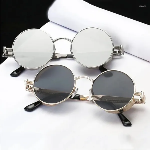 Óculos de sol foenixsong feminino redondo para homens mulheres gótico vapor punk preto retro steampunk óculos de sol espelho eyewear