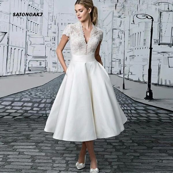 Medicina Abiti da sposa 2023 Vintage pizzo raso abiti da sposa corti per le donne Abiti da sposa Robe Mariage Sukienka Francia Negozio online