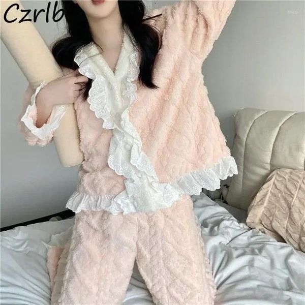 Casa roupas rosa rendas retalhos pijama conjuntos para mulheres elegante doce bonito pijamas quentes roupas de inverno roupas ropa mujer casual longo