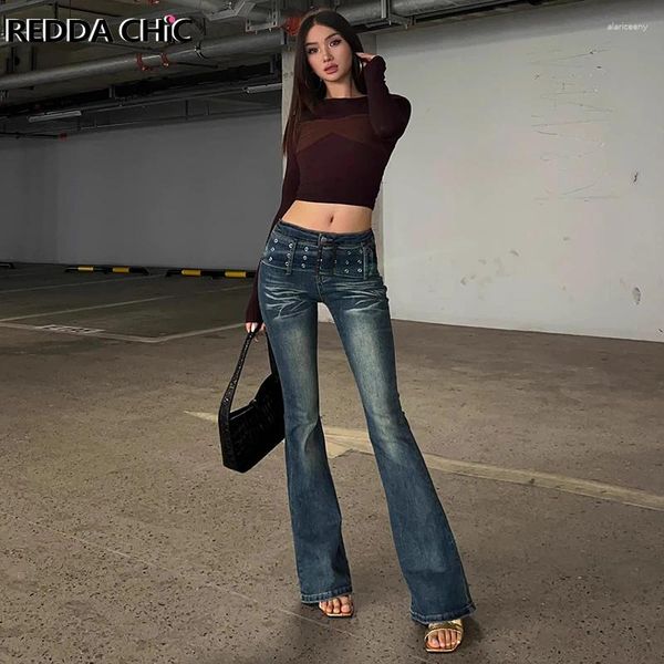 Jeans femininos reddachic mulheres cinto cintura alta flare vintage lavagem azul angustiado sexy calças skinny bootcut calças y2k streetwear