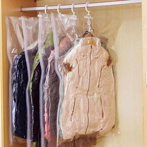 Sacos de armazenamento 2pcs pendurado organizador de vedação de vácuo com cabide casa guarda-roupas armário capa de poeira para armazenar roupas