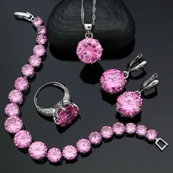 Braccialetti pietre rotonde set di gioielli sier per donne zirconia cubica rosa Orecchini in cristallo bianco Kit