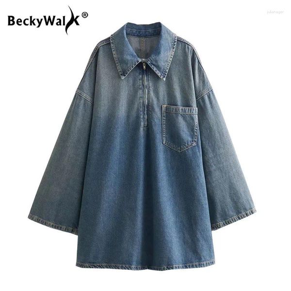 Abiti casual Abito da strada in denim per le donne 2024 Primavera Tasca con risvolto Gonna ampia Cerniera frontale Manica lunga Vintage Femminile Streetwear WF390