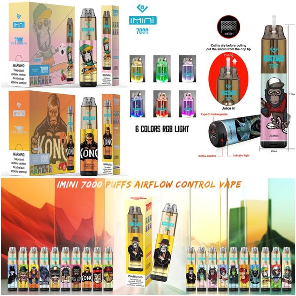 Tornado Puff Imini Big Smoke 7000 Puffs 7k Disposables Vape Pen 5 мг 0 мг Vaper Air-Регулируемая Puff 7000 Электронные сигареты 15 мл штука 6 RGB Fash Vapes Shisha Pen de Us Py