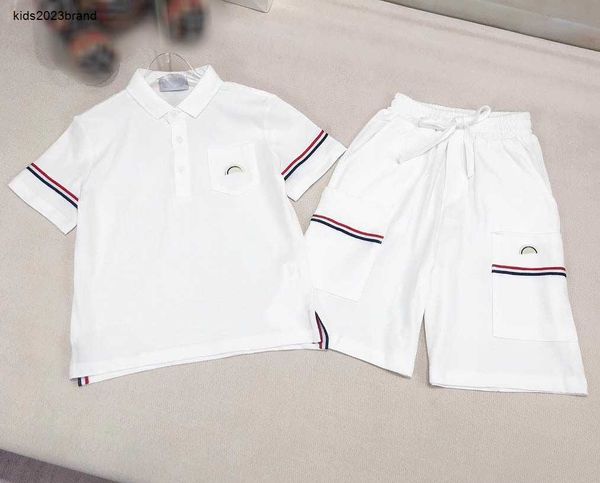 Novos meninos camisa polo conjunto crianças roupas de grife fatos de treino do bebê tamanho 100-150 cm design branco minimalista manga curta e shorts 24mar