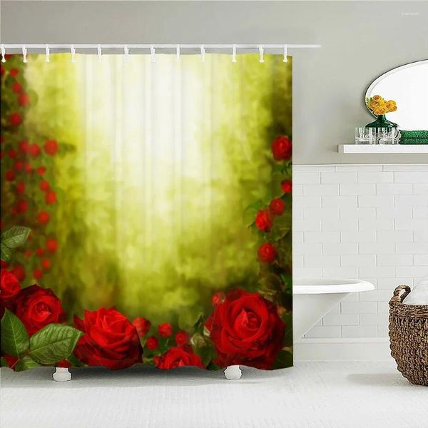 Cortinas de chuveiro Flores lindas Cortina de impressão de rosas vermelhas Banheiro floral impermeável Fabric 180x180cm com ganchos decorar casa decorar