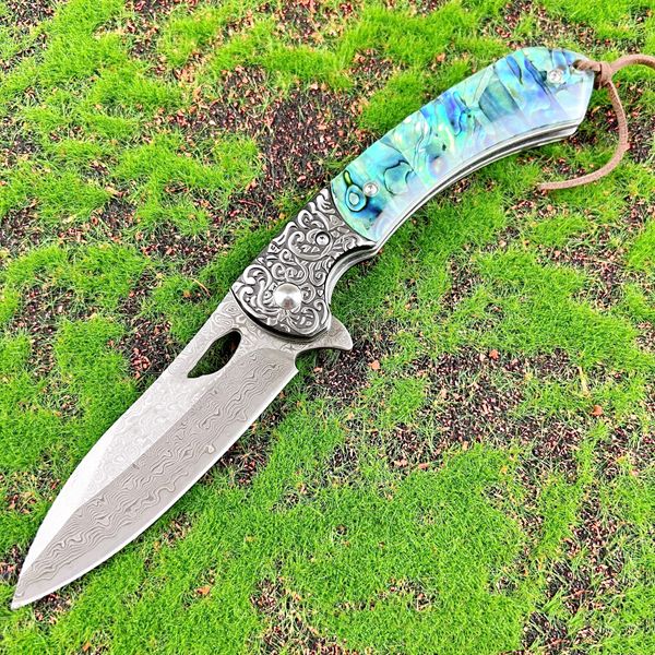 Hohe Qualität Flipper Klappmesser Damaskus Stahl Klinge Abalone Shell Griff Kugellager Outdoor Camping Wandern EDC Ordner Messer