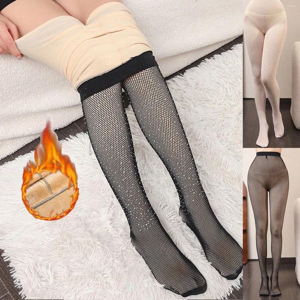 Leggings femininas tecido duplo preto fishnet meias para mulheres sexy collants velo forrado quente comprimento total translúcido meia-calça