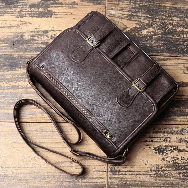 Totes masculino couro curtido vegetal bolsa de ombro retro casual celular couro crossbody arquivo de escritório de negócios