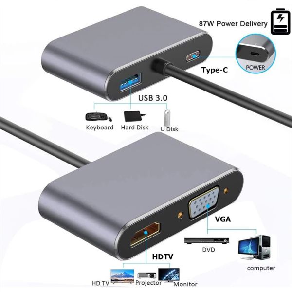 Rankman USB C Hub zu 4K HDMI-kompatibler VGA Typ C USB 3.0 Dock für MacBook iPad Samsung S20 Dex HDTV-Projektor Xiaomi 14 Maus