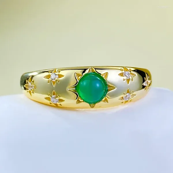 Cluster-Ringe Ring für Damen mit 925er Silber, Ei-Oberfläche, hohes Glas, Chalcedon, Taube, chinesischer Stil