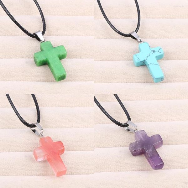 Anhänger Halsketten Natürliche Halbedelstein Kreuz Halskette Frauen Männer Schwarz Lederband Kristall Weiße Jade Choker Chakra Schmuck Finden