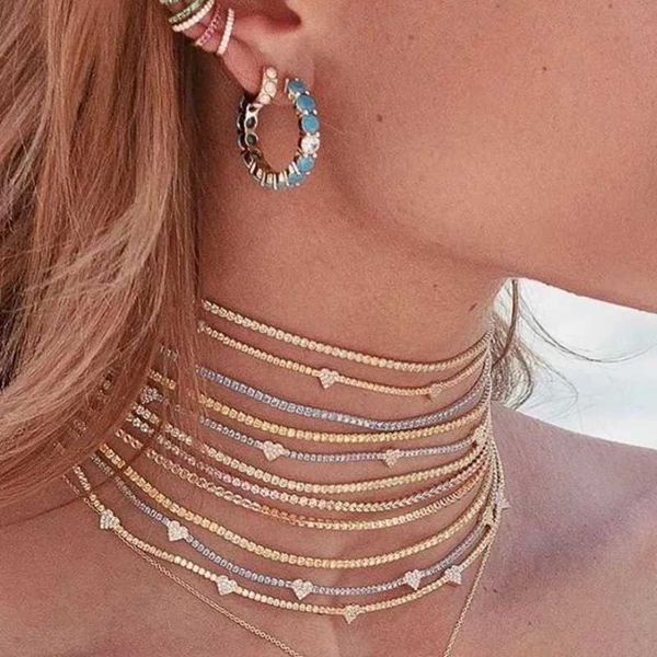 Anhänger Halsketten Sommer Neue Rosegold Color CZ Herzcharme Tenniskette Schmuck Süßes süßes Herz Charm Link Kette Valentiner Geschenk CHOKER Halskette Q240402