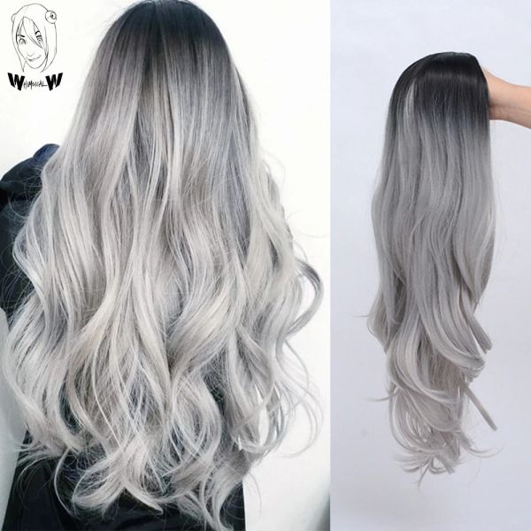 Perücken skurril w Synthetic Long Wavy Ombre Perücken schwarze graue synthetische Perücke für Frauen Party Cosplay hitzebeständiges Haar