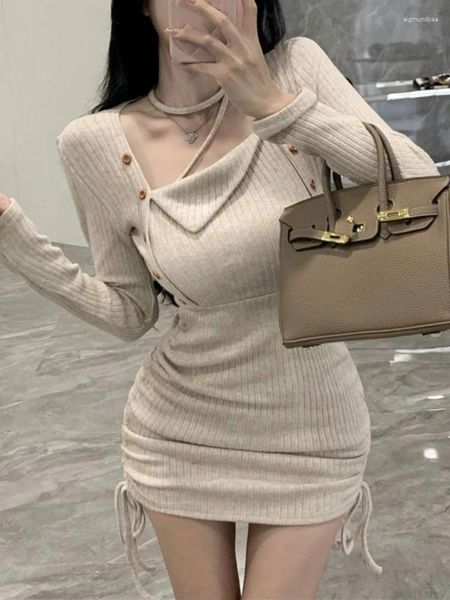 Casual Kleider Aushöhlen Sexy Einteiliges Kleid Frauen Slash Neck Elegante Y2k Dünne Weibliche Koreanische Strick Mode Chic Party 2024