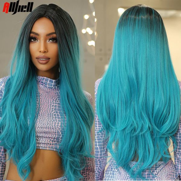 Parrucche blu ombre lungo cosplay parrucche sintetiche con radice scura corpo ondulato parrucche per capelli naturali per donna di Halloween party usa il calore resistente