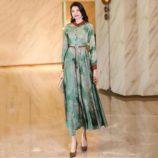 Casual Kleider Frauen Frühling Sommer Print Kleid Mode Elegante Oansatz Laterne Hülse Schlank Chinesischen Stil Grün Lange