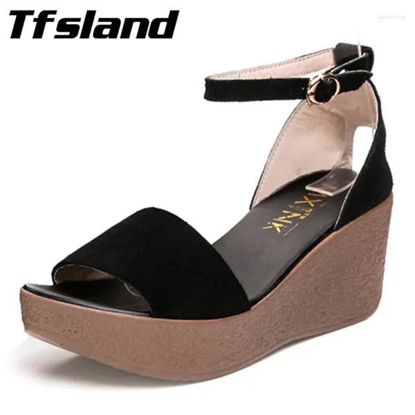 Wanderschuhe Tfsland Frauen Weiche Wildleder Leder Riemen Schnalle Strand Outdoor Sandalen Schwamm Keil Dicke Sohle Zapatos Turnschuhe