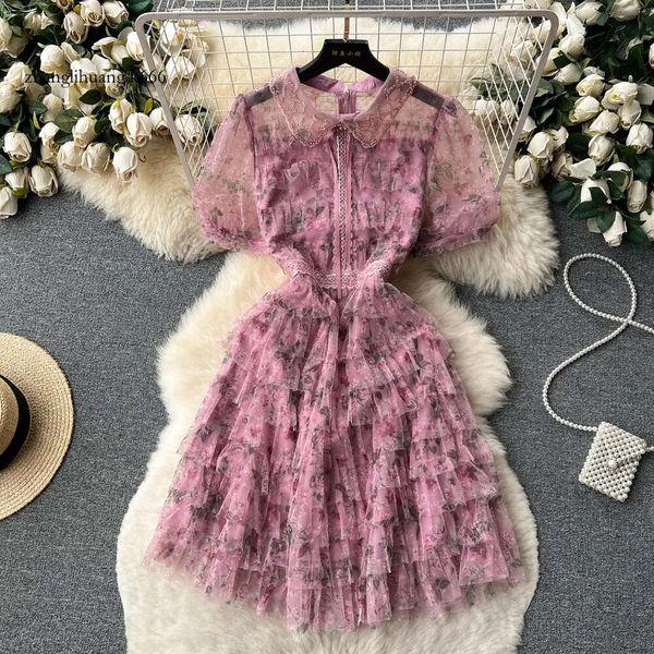 Casual 2024 Kleider 2023 Hohe Qulity Design Runway Sommer Kleid Frauen Perlen Puppe Kragen Mesh Spleißen Floral Schicht Kuchen kurze Vestidos