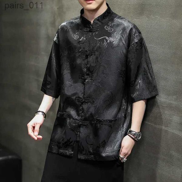 Мужские повседневные рубашки лето китайское традиционное платье плюс размер высококачественная вышивательная рубашка мужская одежда шелк шелк с коротким рукавом винтажные топы 240402