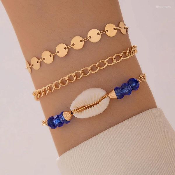 Braccialetti con ciondoli Set di tre pezzi di bracciale da donna con paillettes in conchiglia, stile spiaggia, per il tempo libero, in tessuto blu,23828