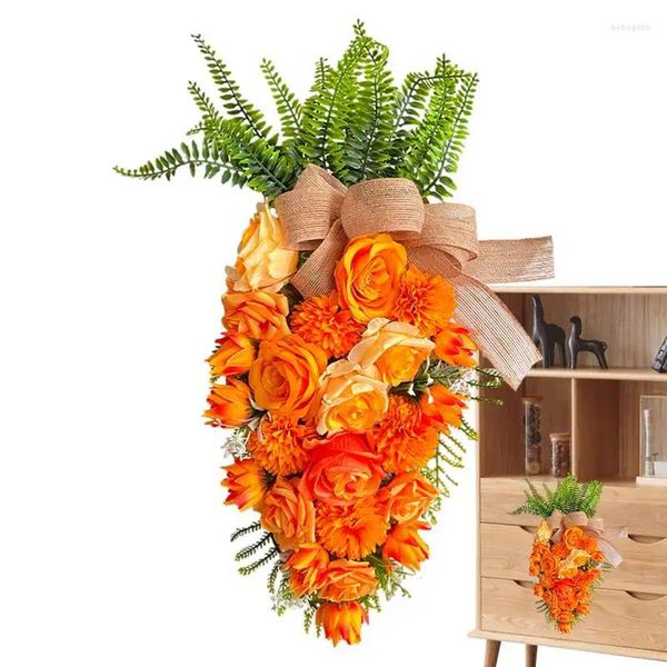 Flores decorativas, guirlandas de Páscoa para porta da frente |Assinar folhas verdes e rosas cenoura swag guirlanda de serapilheira flor falsa