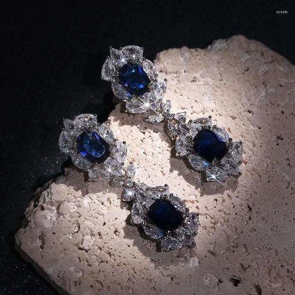 Orecchini pendenti con doppio topazio blu zirconi cubici goccia di pietra CZ per le donne, gioielli in argento, regalo per banchetti