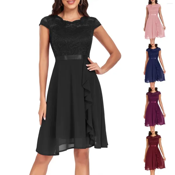 Casual Kleider Elegante Spitze Chiffon Kleid Frauen Solide Kurzarm Für Brautjungfer Hochzeit Party Cocktail Taille Up Rüschen Swing Vestidos