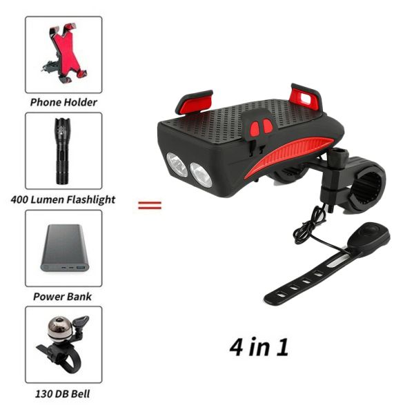 Luci da 4 in 1 Luce anteriore in bicicletta con campanello di corno di bici USB USB Lampada ricaricabile Blashlight di ciclismo con supporto per telefono come banco di potenza