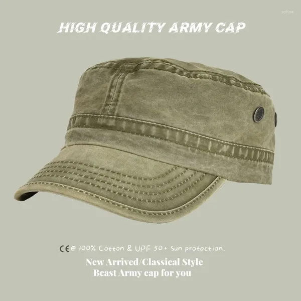 Bonés de bola vestuário lavado ajustável vintage plana superior algodão chapéus do exército boné cadete básico diário estilo militar chapéu