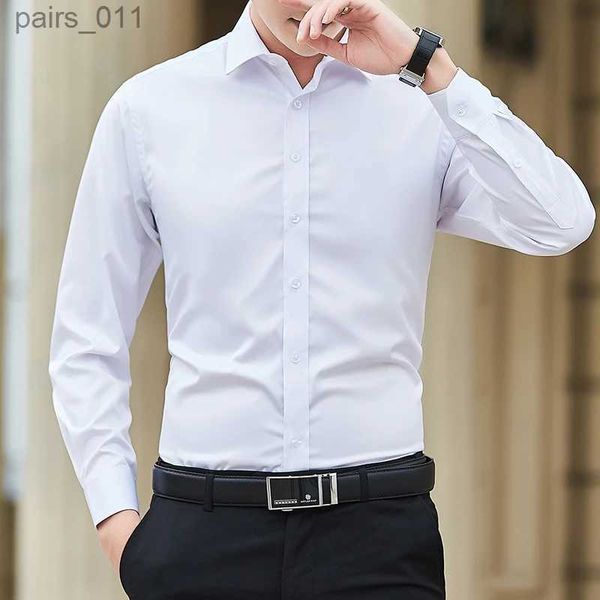 Camicie casual maschile New Men Solid Color Business Shirt Fashion Classic Slim Slim White Long Shirt Top Top Plus Times 240402