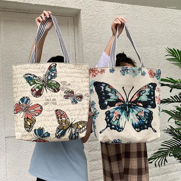 Сумки на плечо, большая сумка с принтом бабочки для женщин, льняная сумка Faric, женская уличная повседневная складная сумка для покупок