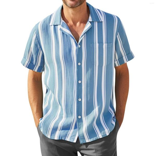 Camicie casual da uomo 2024 Camicia a maniche corte allentata alla moda in lino jacquard a righe esplosivo transfrontaliero Amazon Express