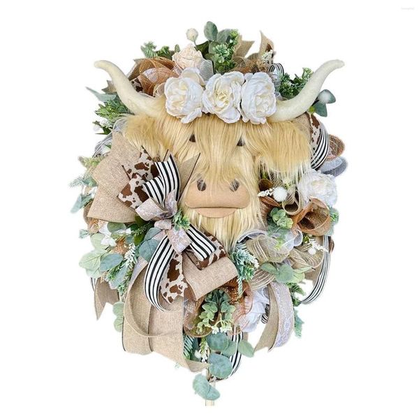 Dekorative Blumen Highland Cattle Tür hängen Kranz Ornament künstliche Kuh Kopf Girlande Weihnachtsgeschenk Home Decor für Indoor-Garten