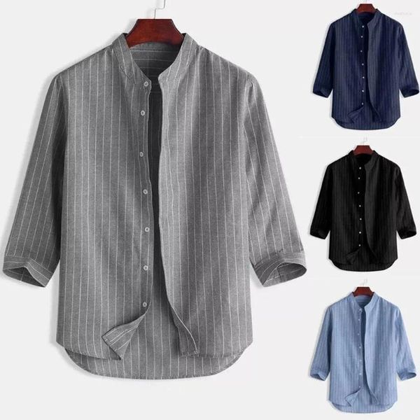 Camisas casuais masculinas primavera verão gola camisa de linho de cinco pontos listra de manga média respirável manga curta tamanho grande